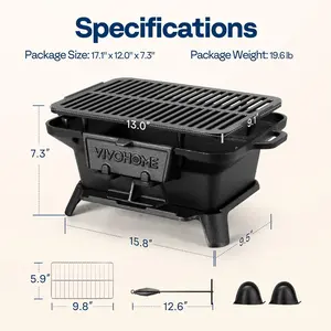 Portable Rectangular Cast Iron Charcoal Grill with Dual Height Grate - Ideal for Tailgating and Camping