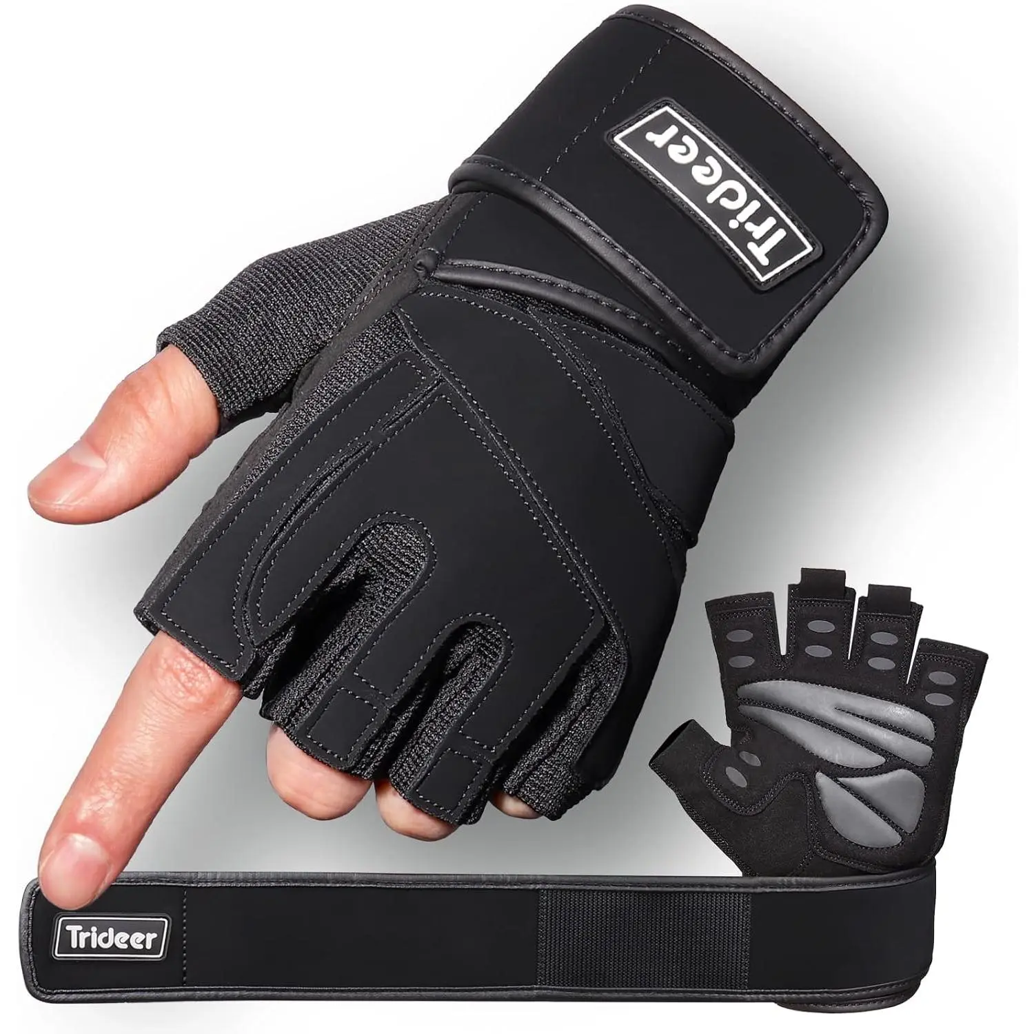 Men's Padded Fingerless Workout Gloves with Lifting Wrist Straps, Extra Grip, Full Palm Protection for Weightlifting, Cross Training