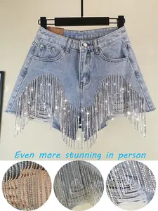 Women's Full Rhinestone Bling Denim Shorts – Sparkly Mid Waist Summer Jean Shorts Womenswear