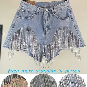 Women's Super Bling Rhinestone Fringe Decor Denim Shorts Fashion Casual Pocket Denim Shorts for Daily Outdoor Wear Ladies Bottoms for All Seasons