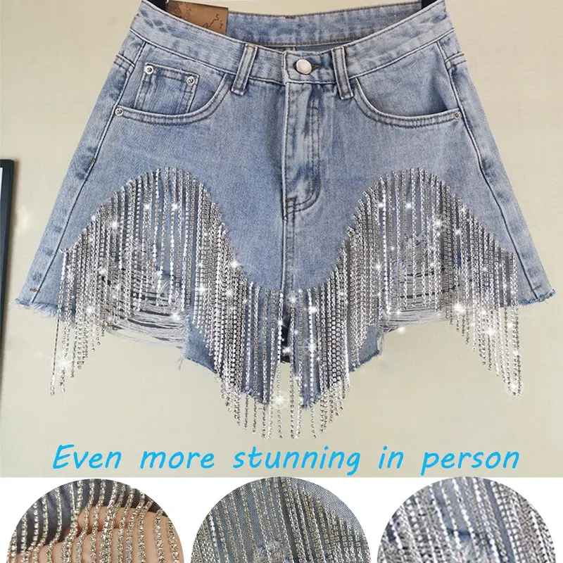 Women's Full Rhinestone Bling Everyday Casual Denim Shorts – Sparkly Mid Waist Fit Summer Jean Shorts Womenswear Bottom