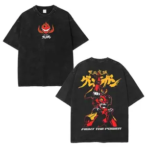 Gurren Lagann Oversized Tee – Washed Heavyweight Cotton, Double Printed Kamina & Simon Mecha Graphic with Spiral Energy Aesthetic, Vintage Anime Streetwear for Mecha Fans & Otaku Drip Collectors Menswear Tops