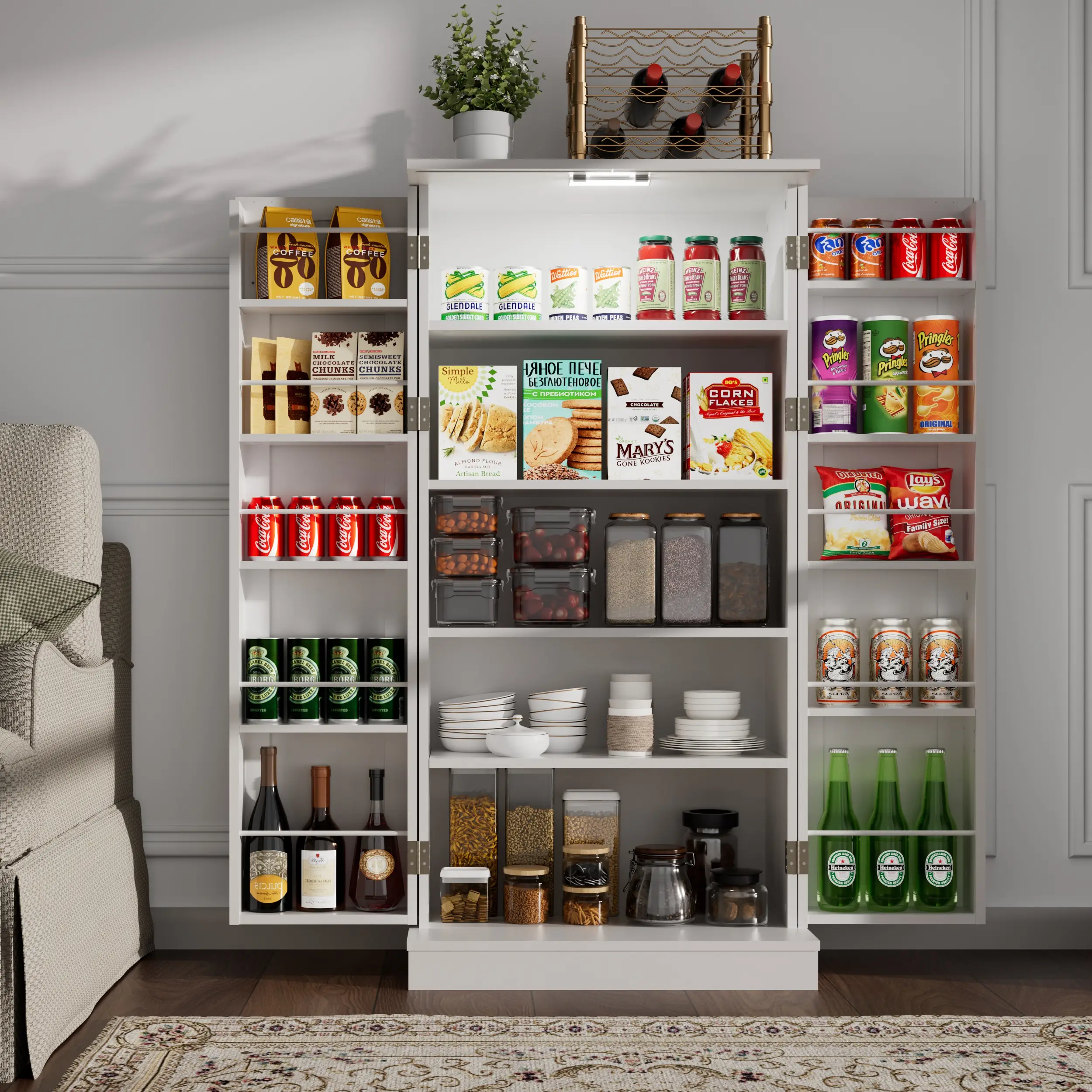 Modern Design 50" LED Pantry Storage Cabinets, Multicolor Food Organization, Adjustable Shelves for Kitchen, Dining Room, Living Room, Home Furniture