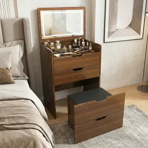 3-in-1 Vanity Desk with Lighted Mirror & Stool,Flip Top Makeup Dressing Table,Dressing Table with 4 Drawers,Compact Storage for Bedroom,Bathroom, Dressing Room,Walnut