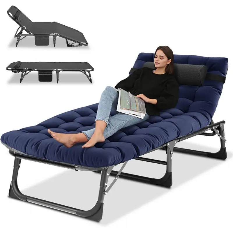 Outdoor Lounge Chair for Adults, 4-Position Adjustable Folding Cot with Pillow, Portable Recliner for Camping and Poolside, Outdoor Lounge Chairs