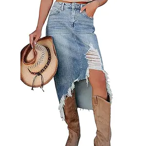Chvity Women's Fitted Denim Bottom, Ripped Distressed High-Waist Jean Skirt with Stretch Zip Fly, Y2k Lady Denim Skort, Long 2026 Style, Jeans Skirt,summervibes