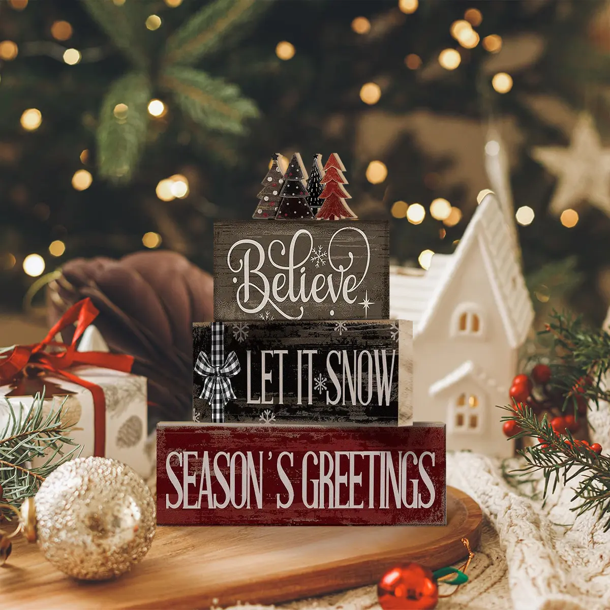 4 pcs Christmas Table Centerpiece Rustic Decorative, Tiered Tray Decor, Nativity Scene Wooden Decoration, Funny Gingerbread Christmas Sign, Block Signs Gift Farmhouse Winter Table Decoration for Home Kitchen, Greenery Decoration