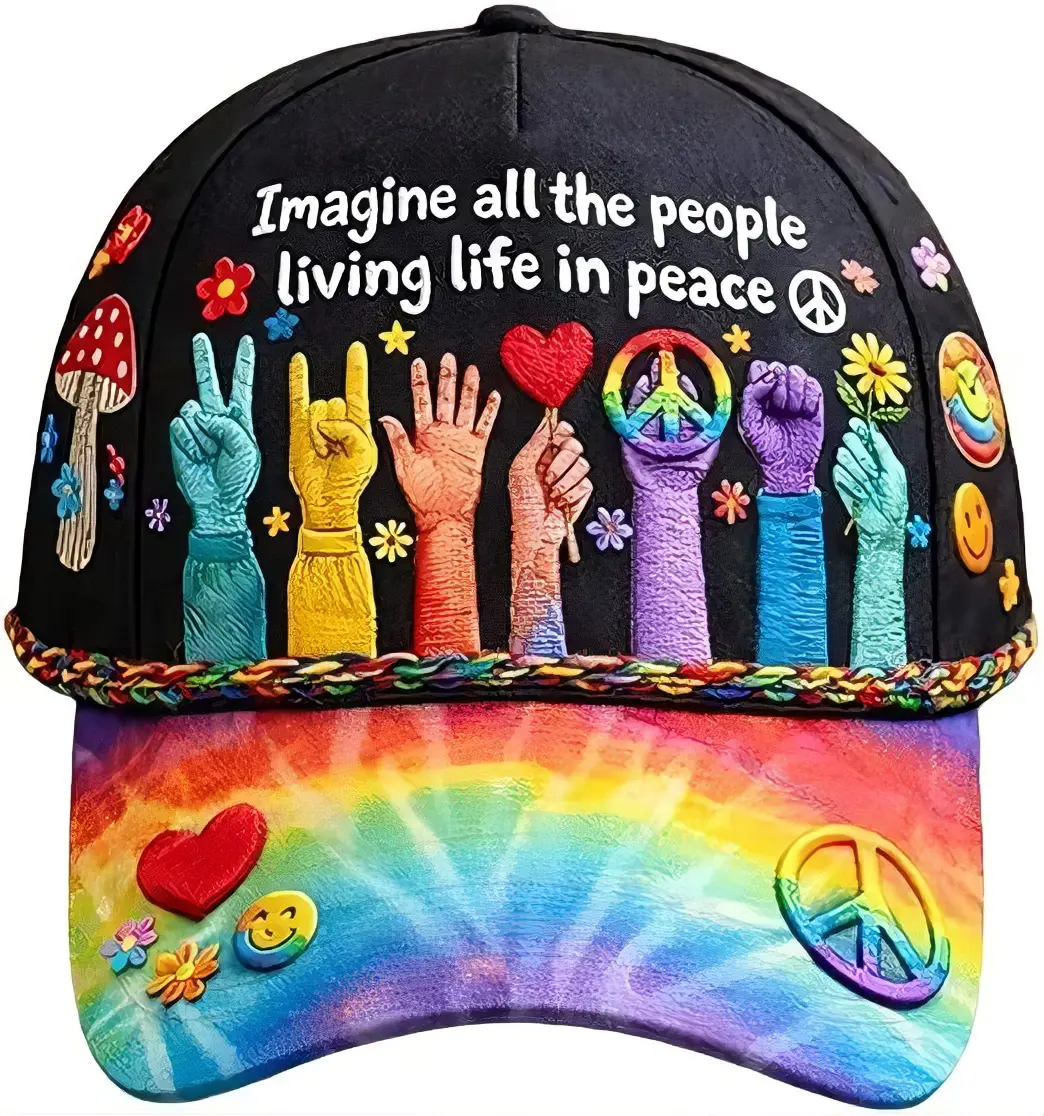 Peace Graphic Print Hat, Imagine All The People Living Life in Peace Rainbow Hat, Hat Peace Sign Cap (Rainbow)