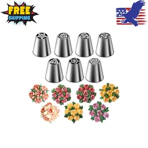 Piping Tips Set, Stainless Steel Cupcake Flower Shaped Frosting Nozzle Kit (7 Pieces)