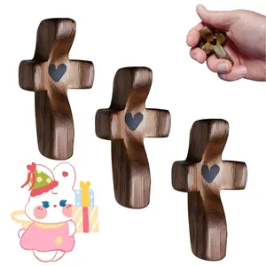 3Pcs Wooden Olive Wood Cross Fidget Figurine Set, Eco-Friendly Religious Decor Ornaments with Natural Grain Hand-Heart Design, Anxiety Relief Fidget Toy, Meditation Aid for Home Office Gifting