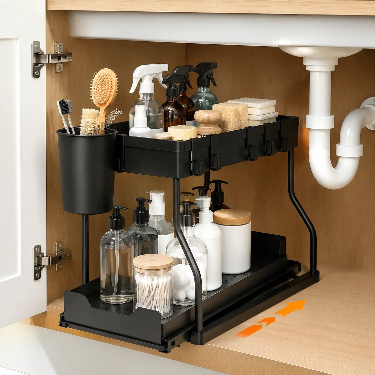 1-Pack Black 2-Tier Undersink Organizer with Sliding Drawers - Durable 40 lbs Capacity Pull Out Rack for Under-Sink Space, Kitchen & Bathroom Organization (14.7x8.2x13.4")