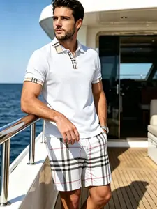 Men's Plaid Polo Set, Plaid Collar Short Sleeve Top + Plaid Drawstring Shorts, High-End Casual Men's Clothing, All over Print
