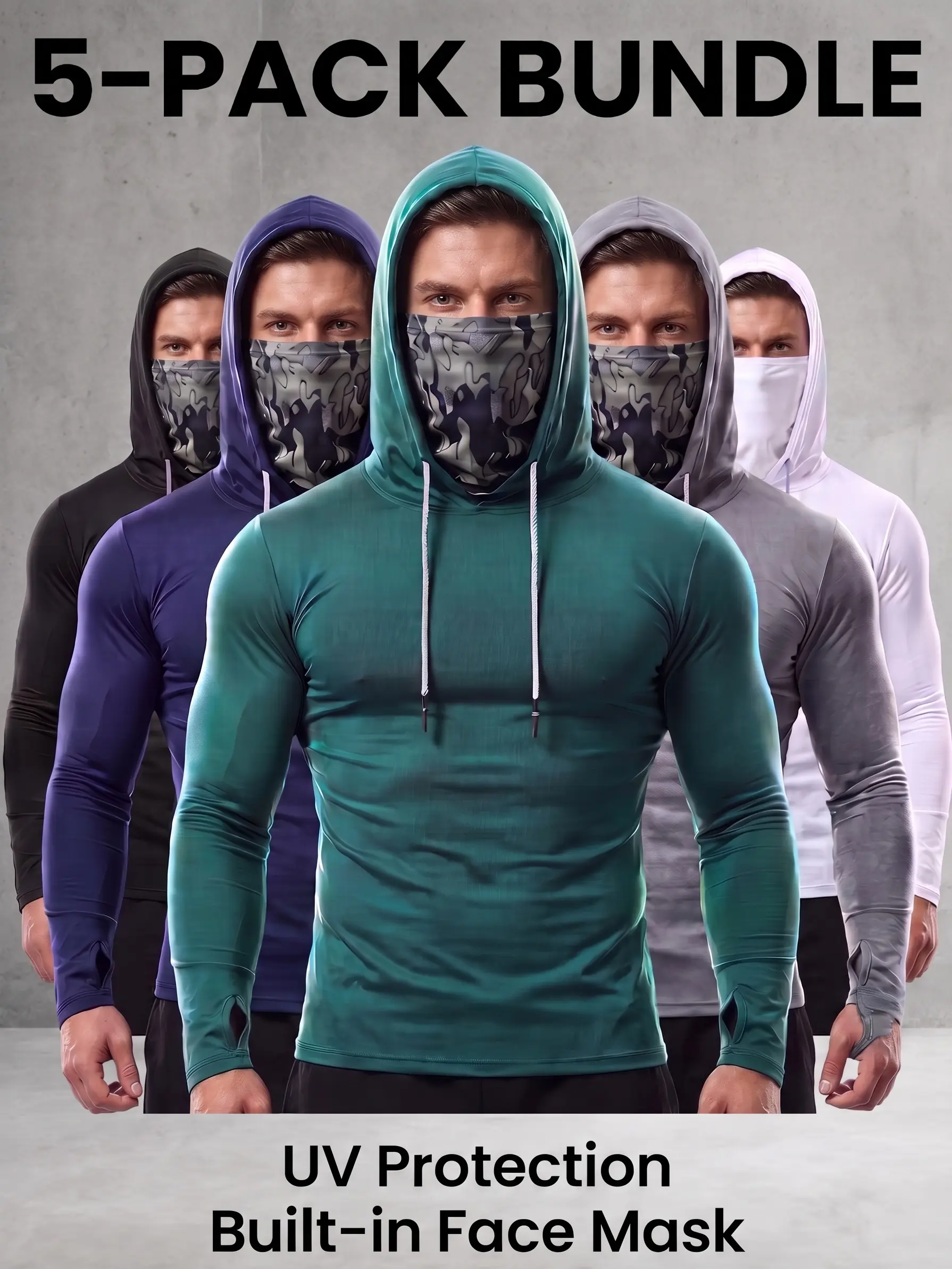 5-Pack Men's Sun Hoodies with Face Mask Heavy Duty Workwear Athletic Hooded Shirts Polyester Spandex High Elasticity Construction Mechanic Landscaping Outdoor Labor Protective Clothing Tops Multipack Bundle Green Grey Navy Black White Pullover