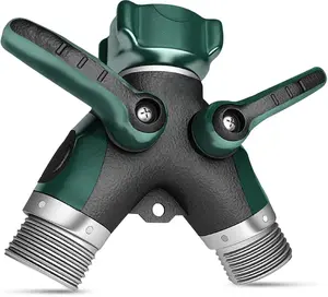 Hose Splitter 2 Way Heavy Duty Outdoor Faucet and Garden Connector - Water Spigot Splitter - Durable All-Metal Y Adapter with Shut-Off Valve - 4 x 4 x 1.5 Inches