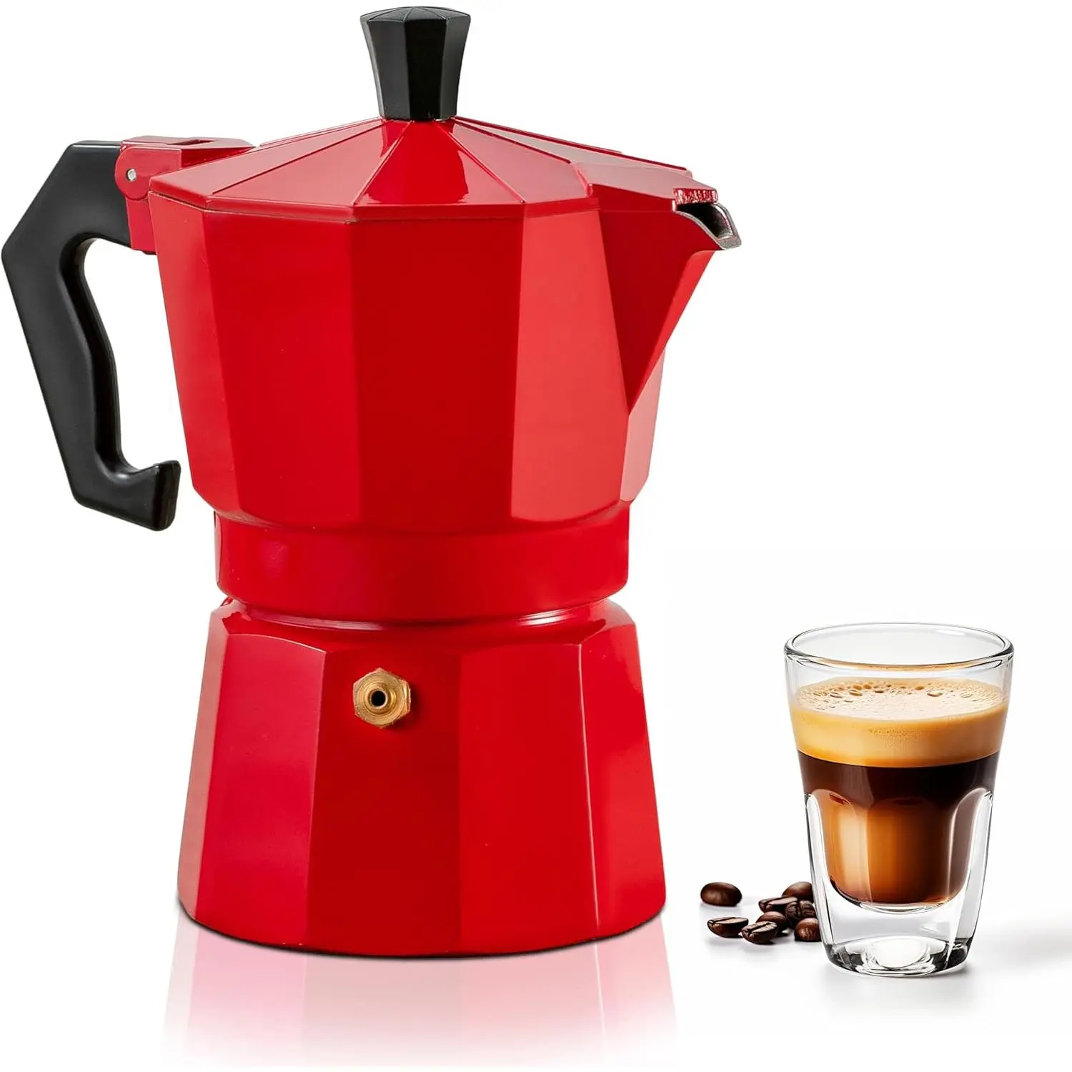 Mixpresso Traditional Metal Aluminium Moka Stove Coffee Maker - Red 3-Cup 5oz (0-500 ml) Espresso Pot with Ergonomic Handle, Effortlessly Makes Aromatic Espressos for Gas & Electric Stovetops, Versatile Italian Camping Kitchenware, Effortlessly Make Aroma