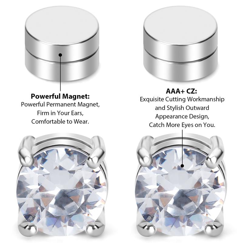 1/2/4 Pairs Stainless Steel Magnetic Stud Earrings for Men Women Non-piercing CZ Hypoallergenic 6-8MM Perfect Gift Valentine's Day Gift