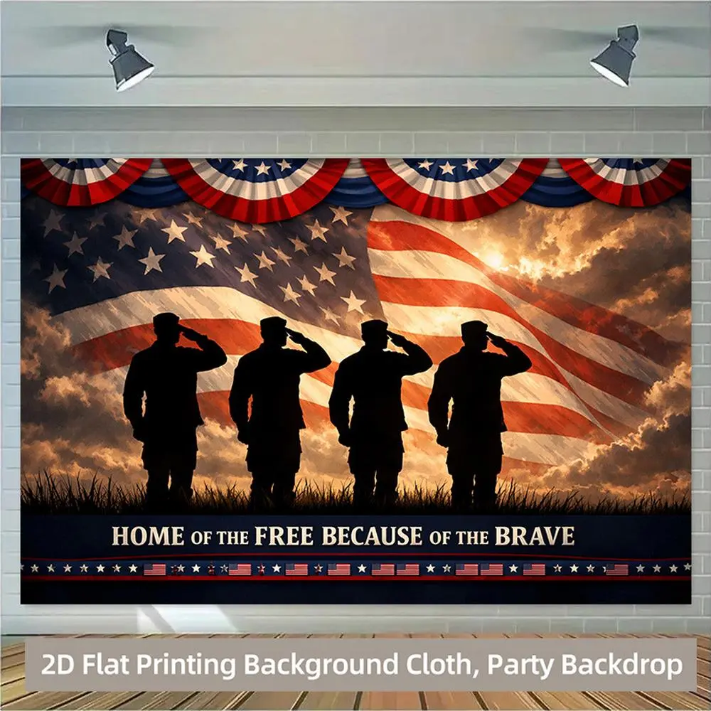 1PC,2D Flat Backdrop Patriotic American Festival Decoration Backdrop, Veterans Day & Independence Day Celebration Curtain, Silhouette of Soldiers with Star - Spangled Banner, Party Photo Backdrop Wa
