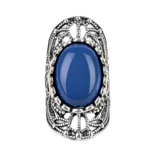 Drama Dream Blue Ring - Silver Filigree and Oversized Blue Bead with Stretchy Band