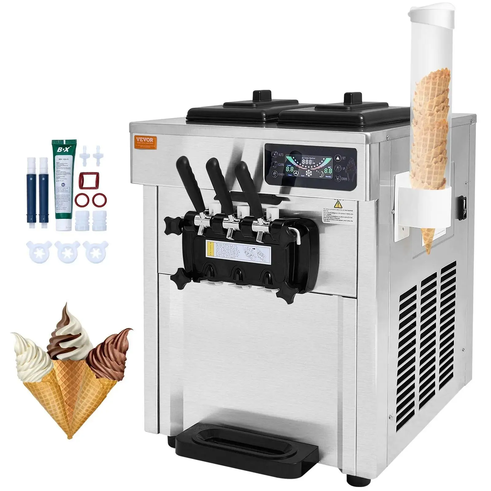 【Summerfinds】VEVOR Commercial Countertop Soft Serve Ice Cream Machine - 21QT/H Yield, 1800W Motor, 3-Flavor, 2x4L Hoppers & 2x1.8L Cylinders, LCD Panel, Auto Clean, Pre-Cooling, Countertop Design, Versatile Use for Restaurant
