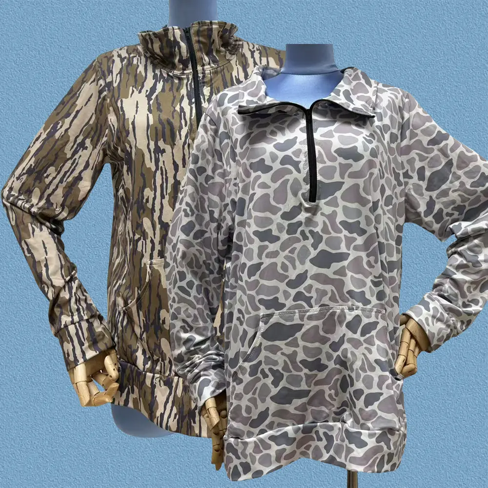 Girls' Camouflage Half Zip-Up Slim-Fit Long-Sleeve Pullover Sweatshirt - Soft, Lightweight, Breathable, Adjustable, Kangaroo Pocket Outdoor Wear (Sizes 2XL, 3XL, 4XL, 5XL), Camo Print, Front Pocket