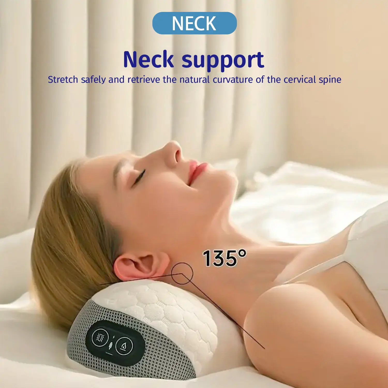 Cervical Neck Pillow for Pain Relief Sleeping Neck Support Memory Foam Cotton Heat Therapy & Vibrating Massage White Neck Cervical Pillow Traction Orthopedic for Office Home Bed