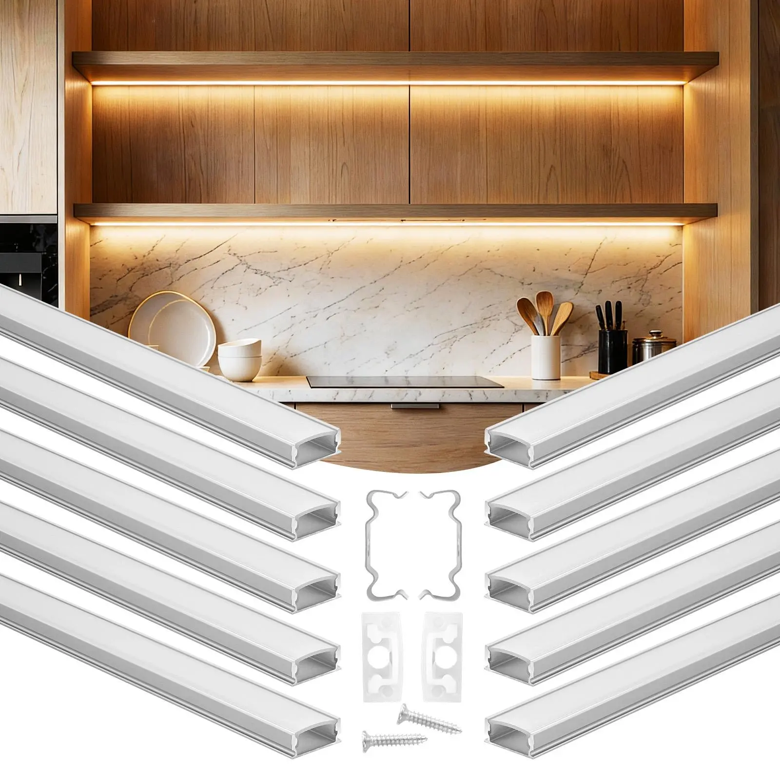 【Father's Day Gift】VEVOR 10-Pack U-Shape LED Aluminum Channels (6.6 ft/2m) with Milky Covers, End Caps, Mounting Clips, Easy-Install Profiles for Under Cabinet, Wardrobes, Bookshelves, Living Rooms LED Strip Light Installations, Holiday-Ready, Led Lights