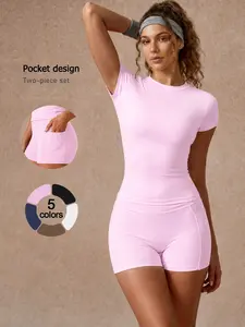 Women's 2 Piece Set Sports Solid Color Four Way Stretch Butt Lifting Tummy Control Short Sleeve Shorts Yoga Set Cool Comfortable Breathable Yoga Wear Gym Peach Butt Pilates Outdoor Running Training Moisture Wicking Daily Versatile Fitness Set