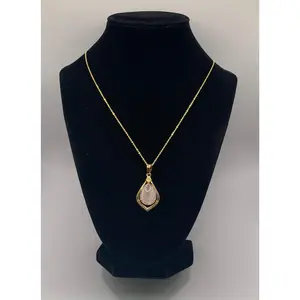 18K Gold Rose Quartz Pendant Necklace, Rhinestone Gemstone Necklace