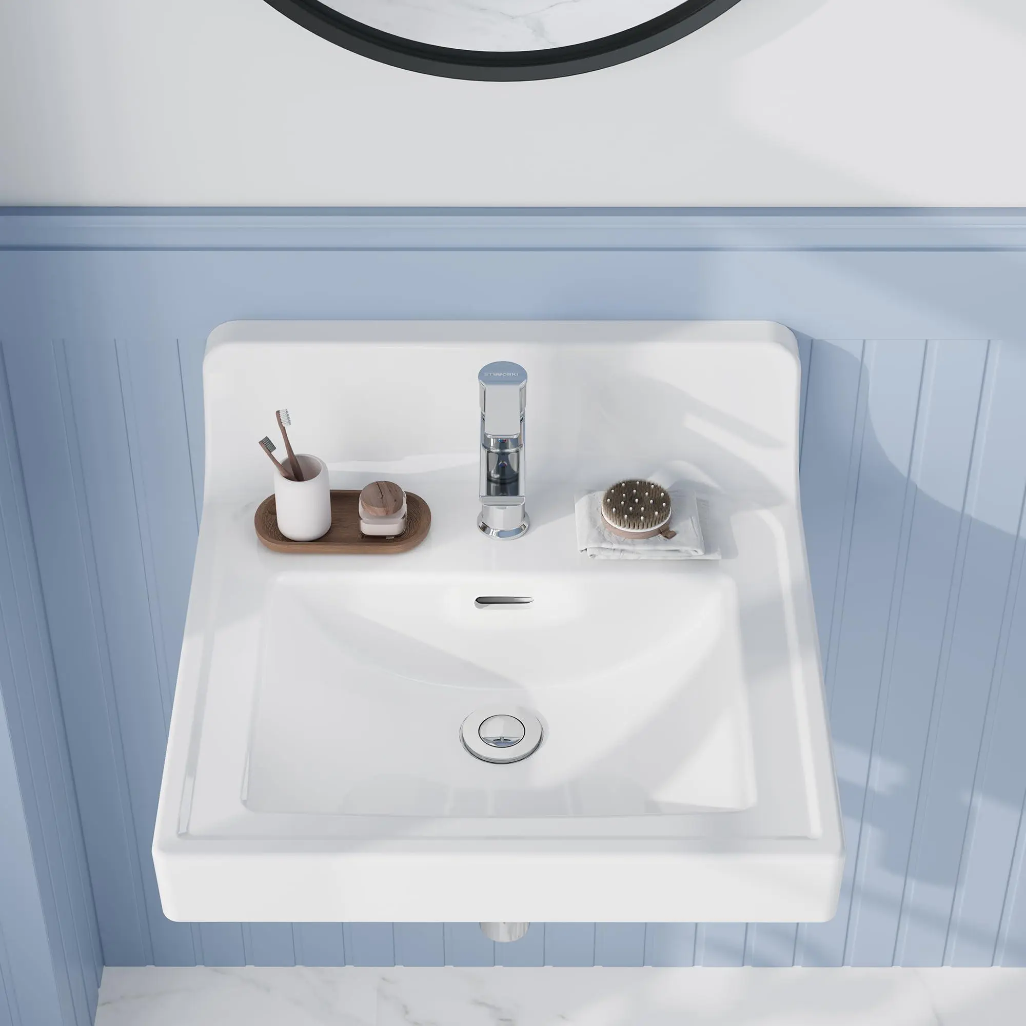 Vessel Sink 20" x 18.98", Ceramic Semi-Recessed Bathroom Sink, Square White Above Counter Vanity Basin with Single Hole & Backsplash