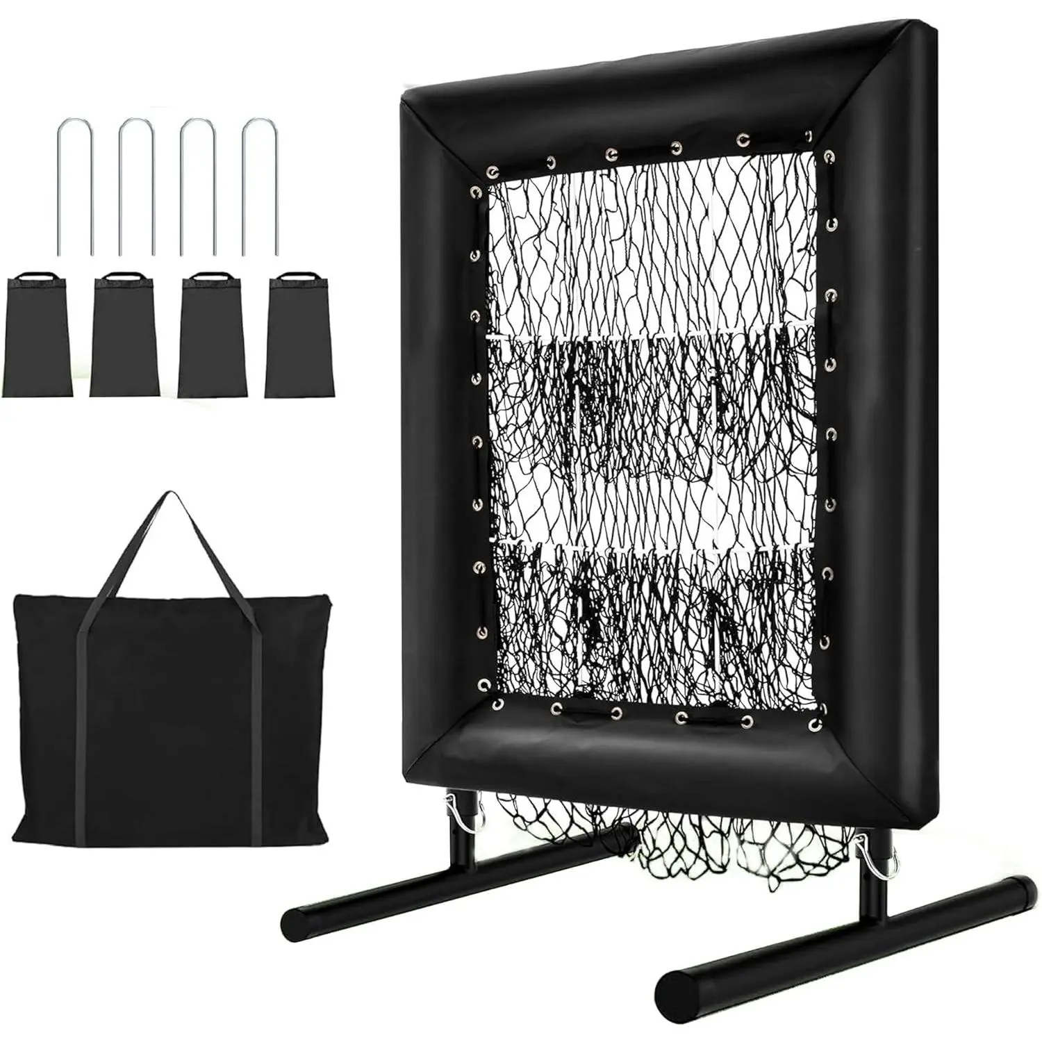 Baseball Pitching Net with 9-Hole Target & 5 Adjustable Heights, Portable 7-Ply Training System for Softball Practice, Includes Plate & Rubber