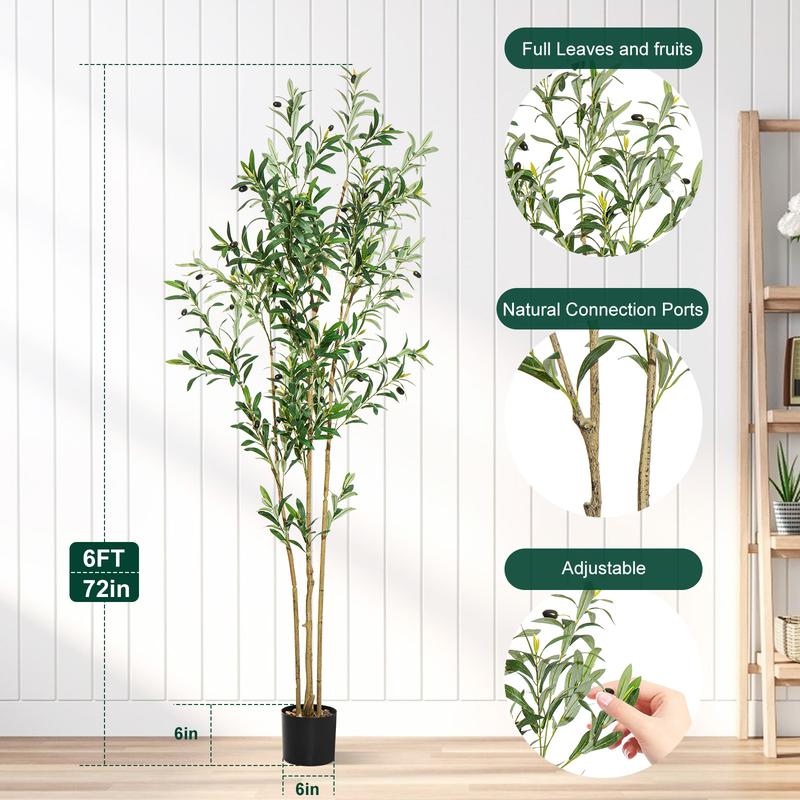 Megahit Artificial Olive Tree Potted Plant, 6Ft/5Ft/4Ft/3.2Ft Tall Faux Silk Leaves, Natural Wood Trunk & Lifelike Fruits - Indoor Fake Tree for Home Office Decor, Decorative Ornaments