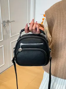 New Women's Fashion Shoulder Bag, Korean Style Genuine Leather Crossbody Small Round Bag, Adjustable Strap, All Seasons