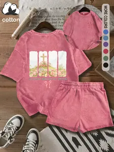 MY SIN WAS GREAT, HIS LOVE WAS GREATER printed women's suit, vintage Christian Soft Breathable Fitted cotton casual T-shirt and shorts two-piece outfit, street Y2K casual round neck washed cotton suit for casual outing, punk style women's clothing