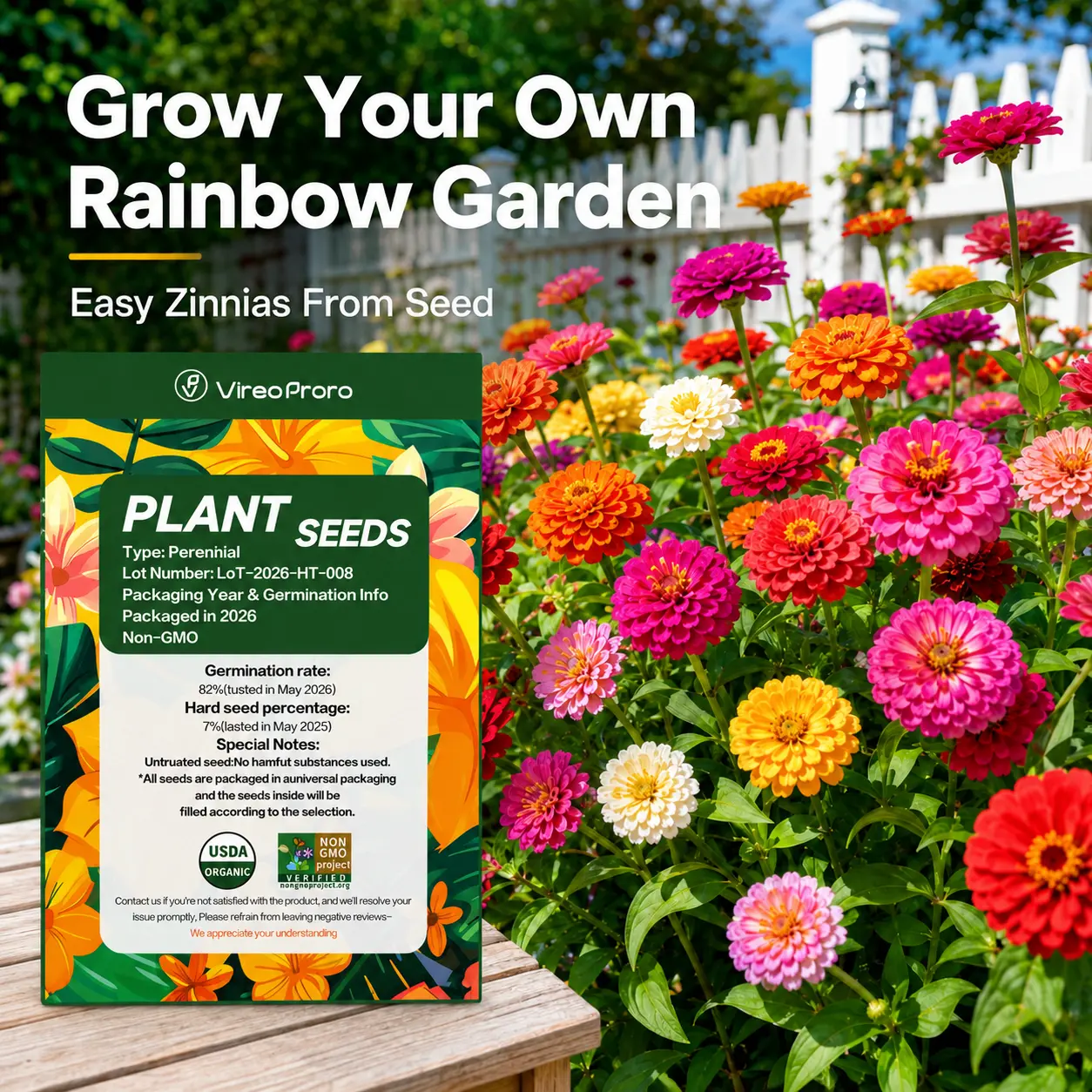100 pcs Zinnia Flower Seeds, Colorful Mixed Annual Flowers, Easy to Grow for Garden Beds, Borders and Outdoor Containers