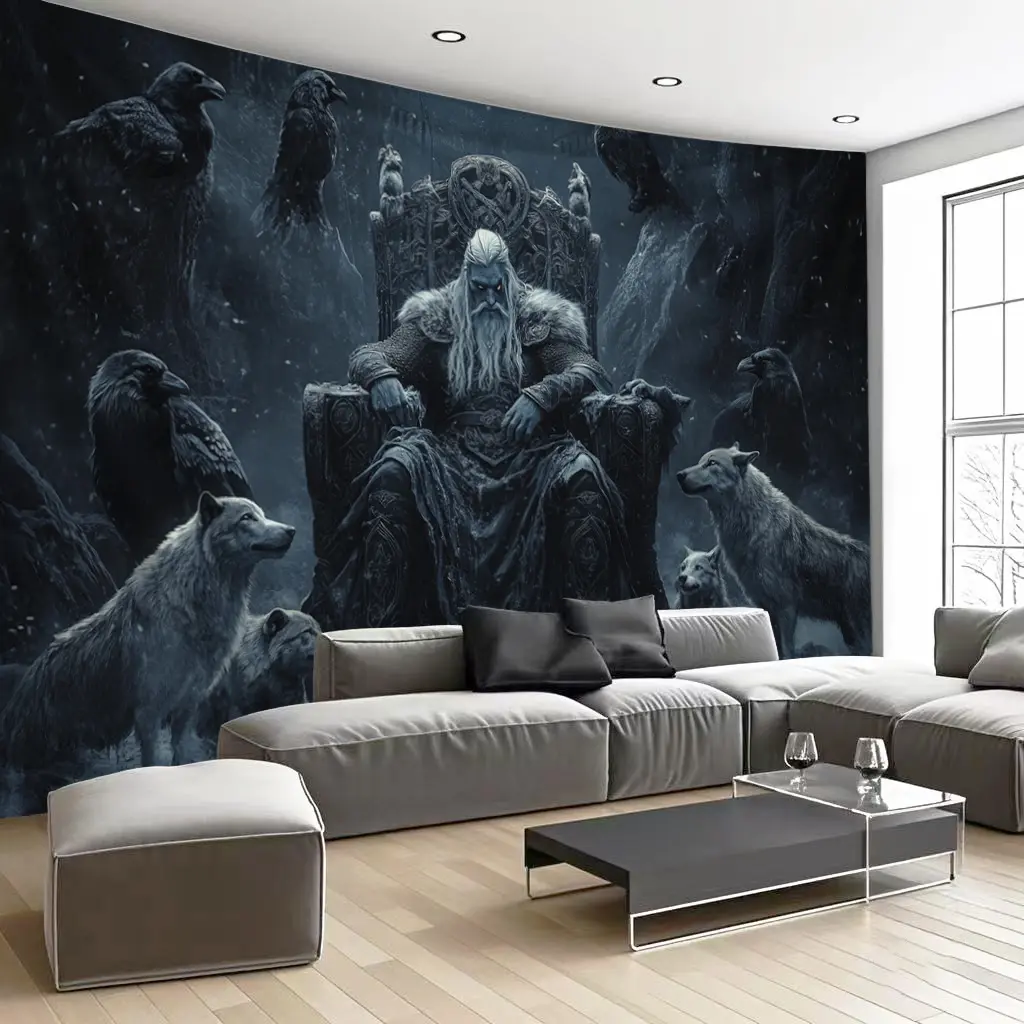 1-Piece Polyester Viking Sacred Tapestry - Odin's Throne Design with Wolves and Ravens, Indoors Wall Hanging for Living Room, Bedroom Home Decor