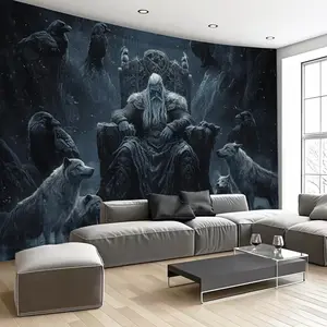 1-Piece Polyester Viking Sacred Tapestry - Odin's Throne Design with Wolves and Ravens, Indoors Wall Hanging for Living Room, Bedroom Home Decor