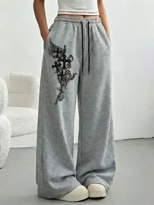 Comfortable Gray Wide Leg Sweatpants – Gothic Cross & Wing Graphic Print, Elastic High Waist with Drawstring, Y2K Alt Streetwear Loungewear, Soft Breathable for Daily Wear & Lounge, Aesthetic Grunge Style, Trendy Street Style Trousers, Fashion Casual Loos