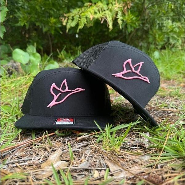 CBW Duck Icon Flying 7 Panel Brown/Khaiki White Black Camo Snapback Trucker Hat, Embroidered Hunting Hat, Cotton Mesh Back