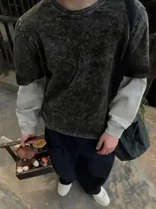 Men's Long Sleeve Graphic Tee, Casual Loose Fit Soft Breathable Plain Round Neck Top, Spring & Fall Fashion, Contrast Design Cotton Blend, Menswear