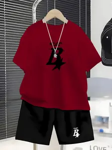 Boys' Trendy 'STUCA' Letter and Star Print Casual 2-Piece Set, Matching Outfits Set: Street-style 'STUCA' logo + letter and star print T-shirt + matching logo shorts – comfortable, casual for everyday wear