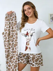 Korean Casual 3 Piece Giraffe Pajama Set Women, Short Sleeve, Shorts & Long Pants, All Year Round Wearable, Cute Print, Breathable Cozy Homewear