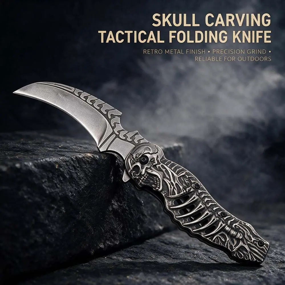 Skull Carved Skeleton Folding Karambit Knife, Gothic Tactical Pocket Knife, Unique Halloween Gift for Men, Collectible EDC Decor Knife