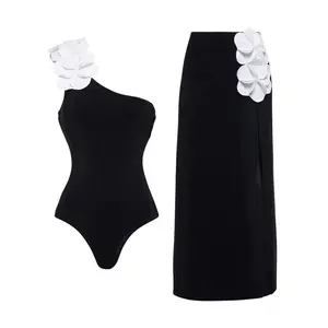 FLAXMAKER Women's 3D Flower Black White Color Block One Sholuder Swimdress One Piece Swimsuit and Skirt Set Bathing Suit Stylish Beachwear #TikTokShopBlackFriday