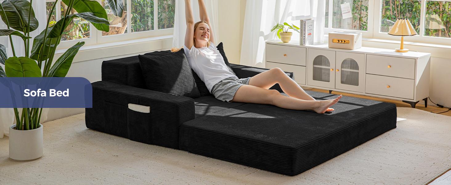 MAXYOYO Loveseat Sofa Bed, 64" Foldable Floor Sofa Couch in A Box with 2 Cup Holders, 4 in 1 Convertible Boneless Couch Folding Recliner Sleeper Chair for Living Room, No Assembly Required