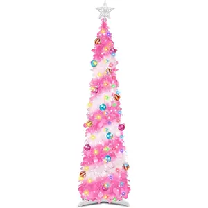 5 Ft Pop Up Christmas Tinsel Tree with Timer Warm White & Multi Color Change Lights Battery Operated Green Pencil Christmas Slim Tree with 15 Ball Ornaments & Star Xmas Decor Home Indoor Holiday Party