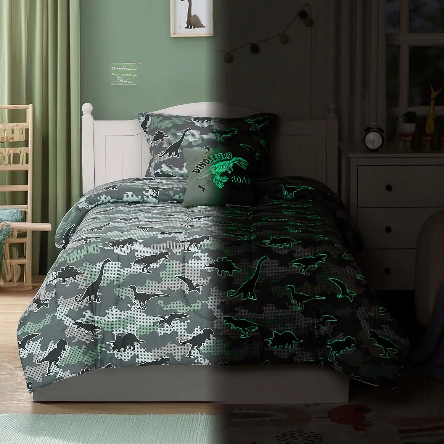 Comforter Set Full Size for Boys, Glow in The Dark Dinosaur Bedding Set 1 Comforter, 1 Decor Pillow, 2 Pillow Shams