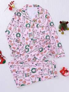 2-piece set full of bow garlands, Christmas tree prints, Christmas long sleeves, long pants, striped cuffs, collar, top, small pockets, elastic waistband, button closure, suitable for all seasons home wear, Loungewear, pajamas