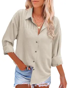 Button Down Shirts for Women Casual Pleated Long Sleeve Shirt Textured Loose Fit Collared Blouse Tops Basic Fashion Lady Womenswear Beach Comfy Essential Formal Lightweight Skin