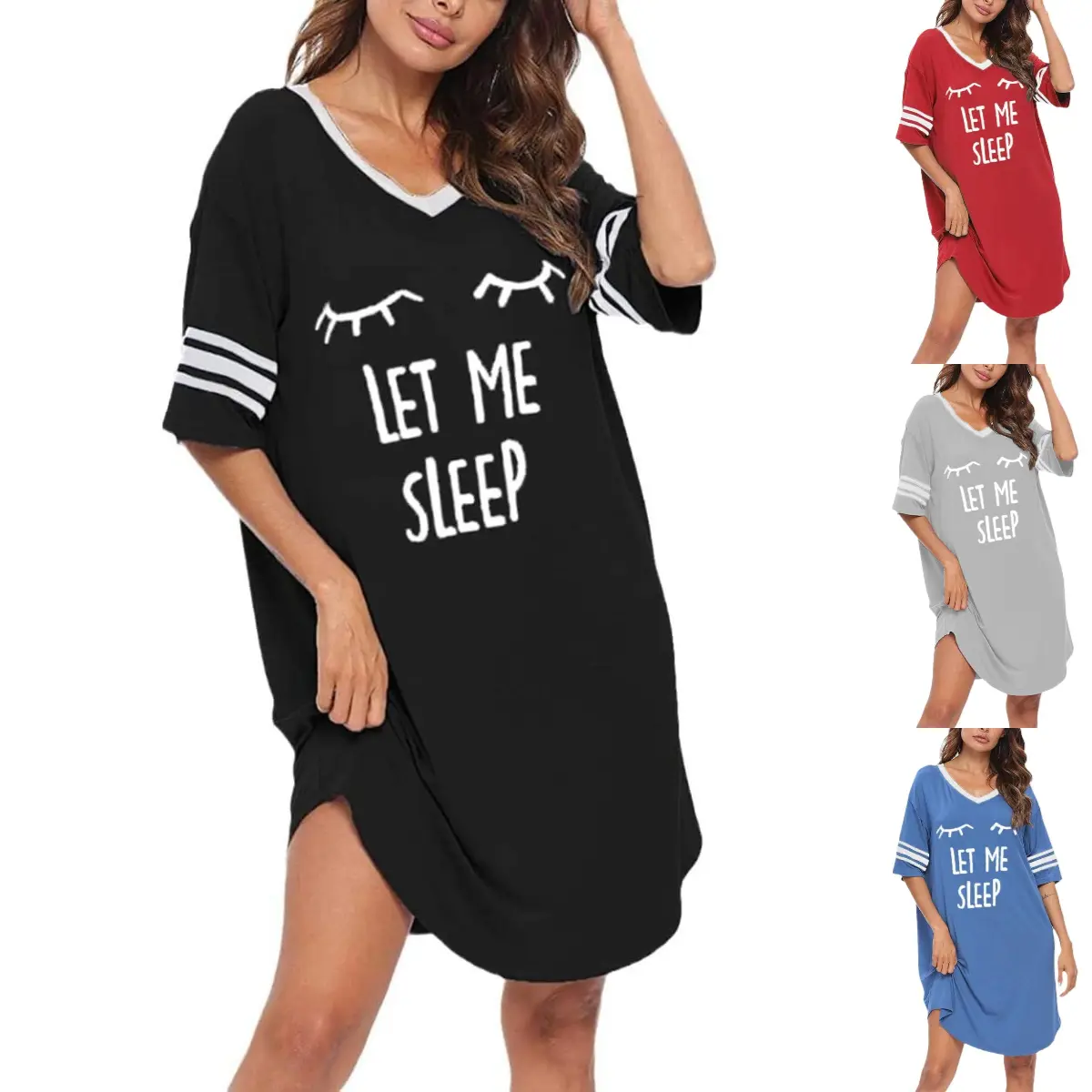 Women's Nightgown, Soft Cotton Short-Sleeve V-Neck Sleep Shirt, Oversized Boyfriend Style Loungewear with Novelty Letter Print, Nightwear, Lady, Cami Nightdress, Hotel, Plus Size, Loose Fit, Light Fabric Keeps You Cool, Bf, Boyfriend Cut