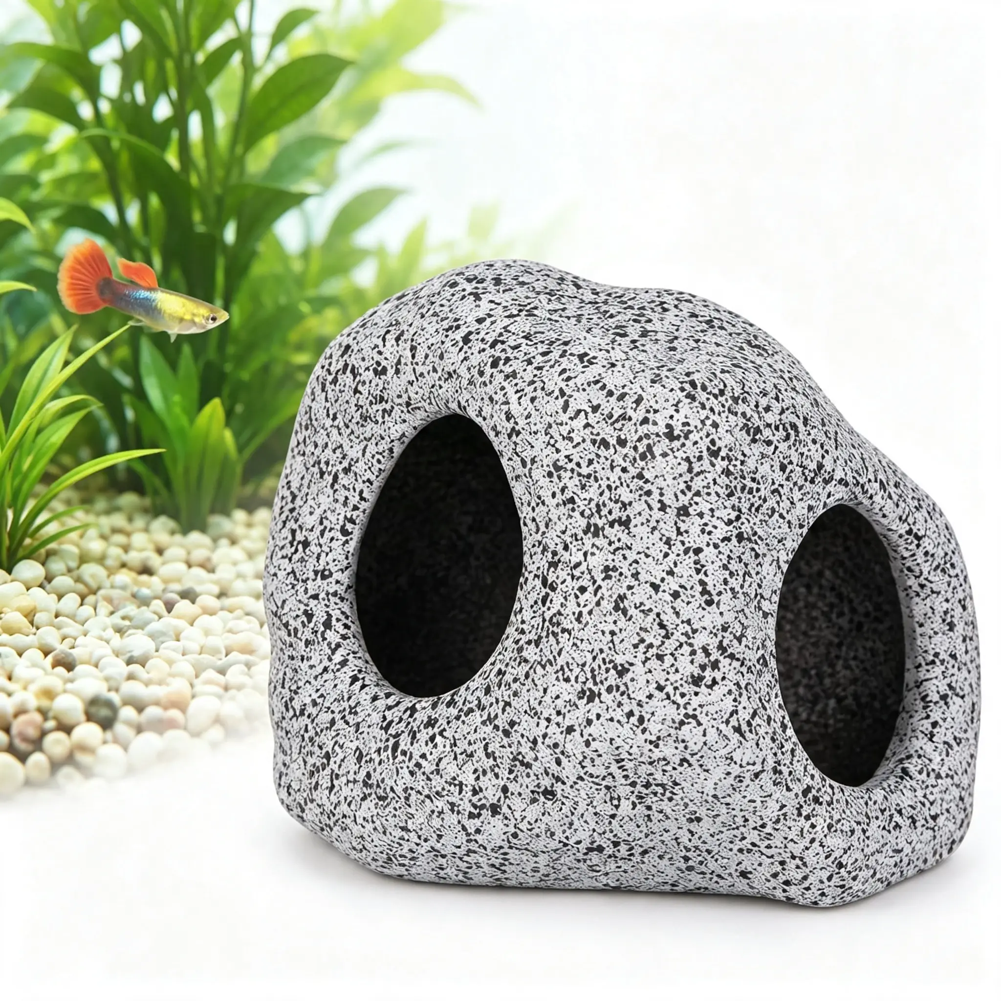Natural Ceramic Aquarium Rock Cave Decor for Betta Fish & Shrimp, Safe Smooth Edges Fish Tank Hideout House for Breeding & Resting, Eco-Friendly Water Filtering Stone Ornament for Aquascape